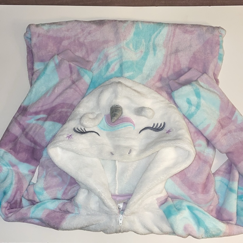 Cozy Jumper, Unicorn Hoodie PJs, purple/white size 14/16 excellent condition